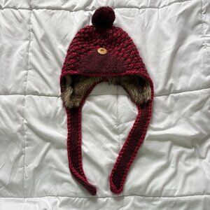 Pistil Aster Basket Weave Knit Earflap Pompom Red Festival Winter Fall Cap Hat